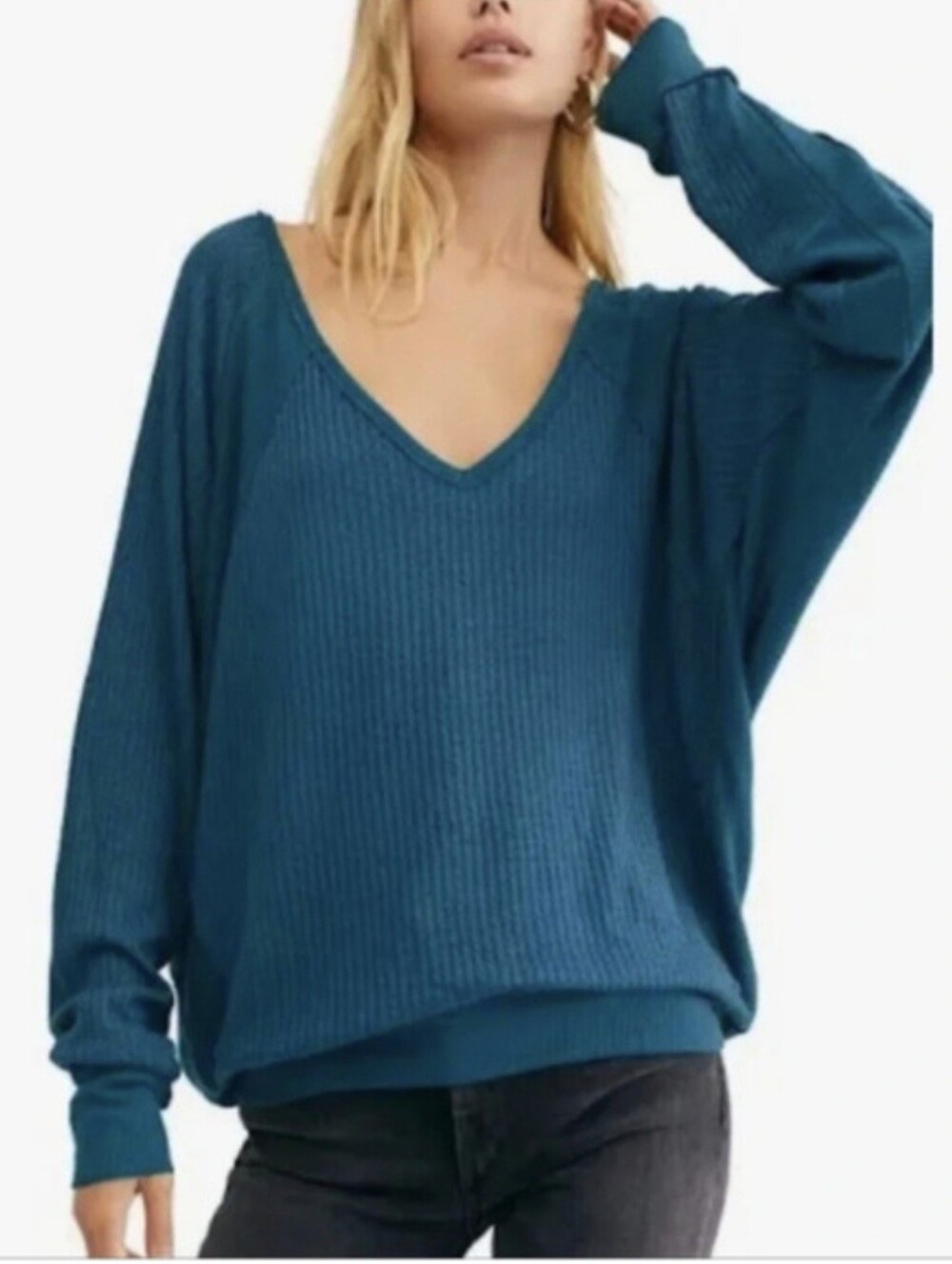 Free People Santa Clara waffle knit thermal oversized sweater Teal Small